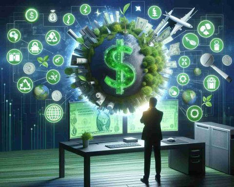 Create a realistic, high-resolution image that symbolizes the 'Green Revolution' in finance, with symbols such as money, eco-friendly technology, and renewable energy sources. Also, add a person reflecting upon the display, questioning what the implications of this shift might mean for them personally.
