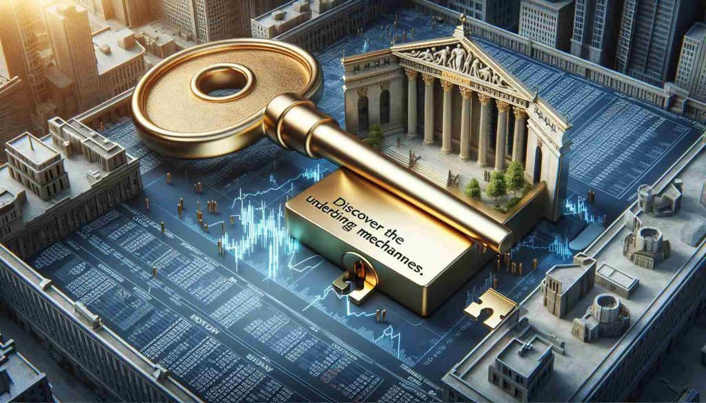 Realistic high-definition illustration of the concept of 'Unlocking Stock Market Secrets.' Display this through an oversized golden key turning in a giant lock that is formed as though part of a stock exchange building. On the key, engrave the phrase 'Discover The Underlying Mechanisms.' In the background, depict the hustle and bustle of an active stock exchange environment.