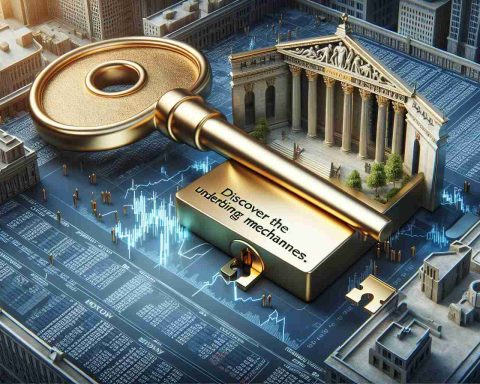 Realistic high-definition illustration of the concept of 'Unlocking Stock Market Secrets.' Display this through an oversized golden key turning in a giant lock that is formed as though part of a stock exchange building. On the key, engrave the phrase 'Discover The Underlying Mechanisms.' In the background, depict the hustle and bustle of an active stock exchange environment.