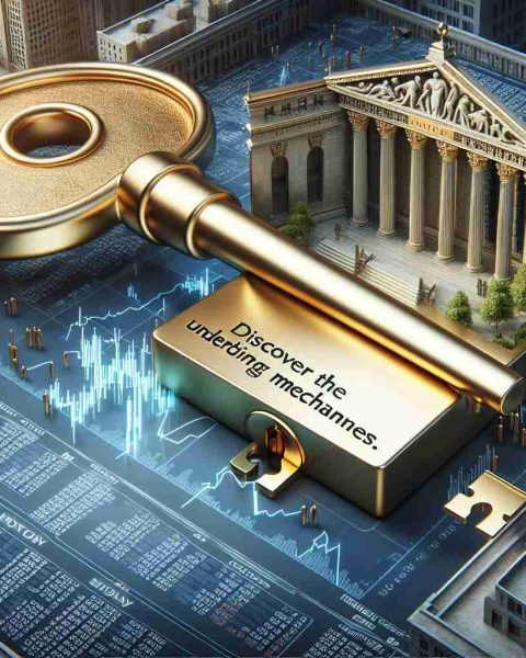 Realistic high-definition illustration of the concept of 'Unlocking Stock Market Secrets.' Display this through an oversized golden key turning in a giant lock that is formed as though part of a stock exchange building. On the key, engrave the phrase 'Discover The Underlying Mechanisms.' In the background, depict the hustle and bustle of an active stock exchange environment.