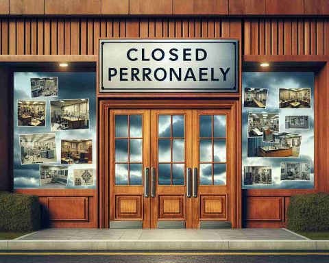 Image portraying a closed office building with bold, wooden double doors and a shiny silver sign reading 'Closed Permanently'. Inspirational images of research-related equipment and documents are displayed on the walls inside, reflecting years of dedicated investigation. The sky is becoming cloudy, symbolizing the end of an era.