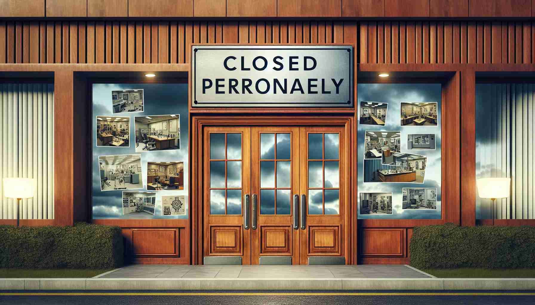 Image portraying a closed office building with bold, wooden double doors and a shiny silver sign reading 'Closed Permanently'. Inspirational images of research-related equipment and documents are displayed on the walls inside, reflecting years of dedicated investigation. The sky is becoming cloudy, symbolizing the end of an era.