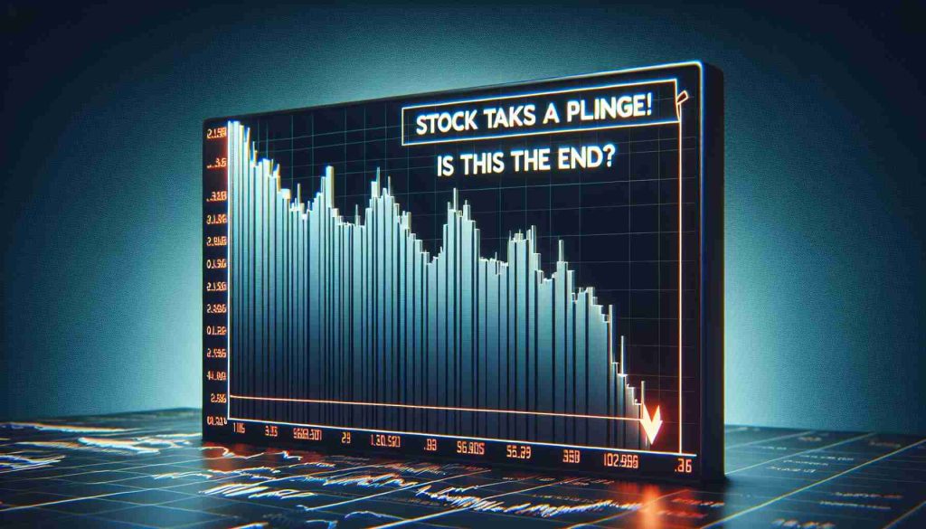 A realistic high-definition image of a generic stock market graph depicting a significant dip, symbolizing a financial plunge. There is a large caption text overlay that reads, 'Stock Takes a Plunge! Is This the End?'