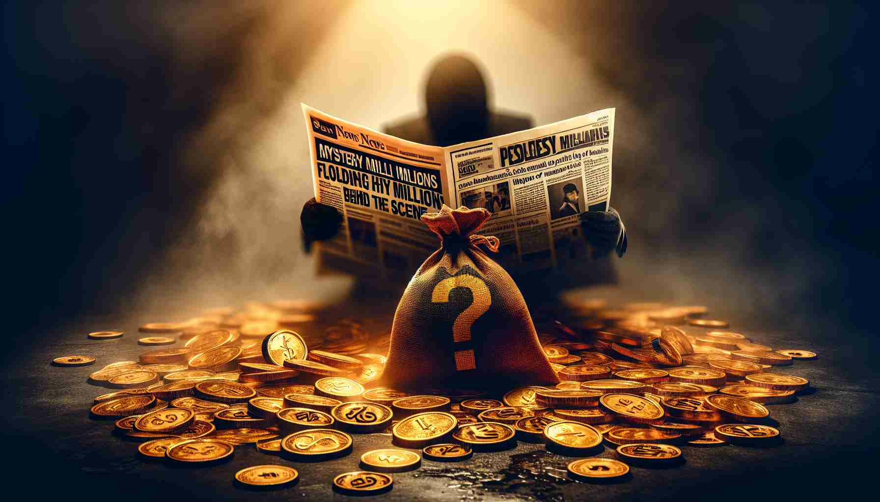 Create a dramatic and realistic high definition news headline photo of a sudden influx of mystery millions flooding the Indian market. In the image, represent some symbolic representation or hidden clues of a company named 'Sagility's' bold and unexpected move behind the scene. The overall atmosphere should be curious, exciting and full of suspense.