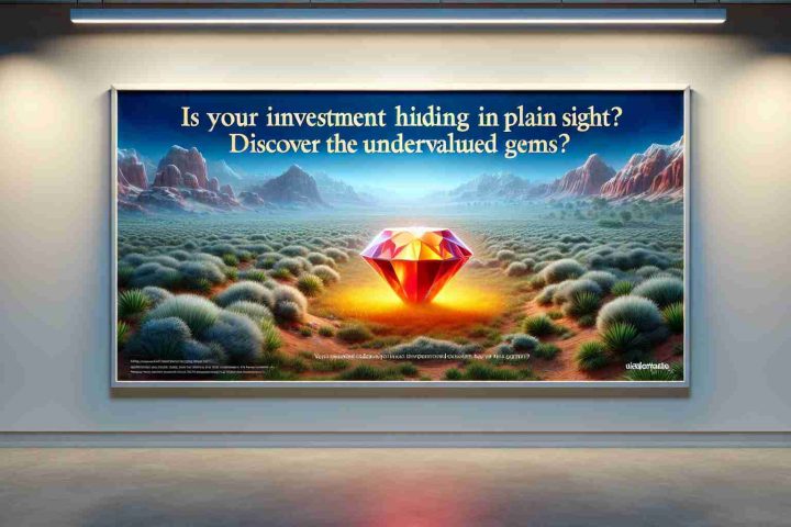 A hyper-realistic and high-definition image featuring a hidden treasure scene. It shows a plain, seemingly ordinary landscape with a vibrant jewel subtly hidden in the scene. There's a banner across the image with the text: 'Is Your Next Investment Hiding in Plain Sight? Discover the Undervalued Gems'. The intention of the image is to symbolize finding overlooked opportunities in a commonplace setting.