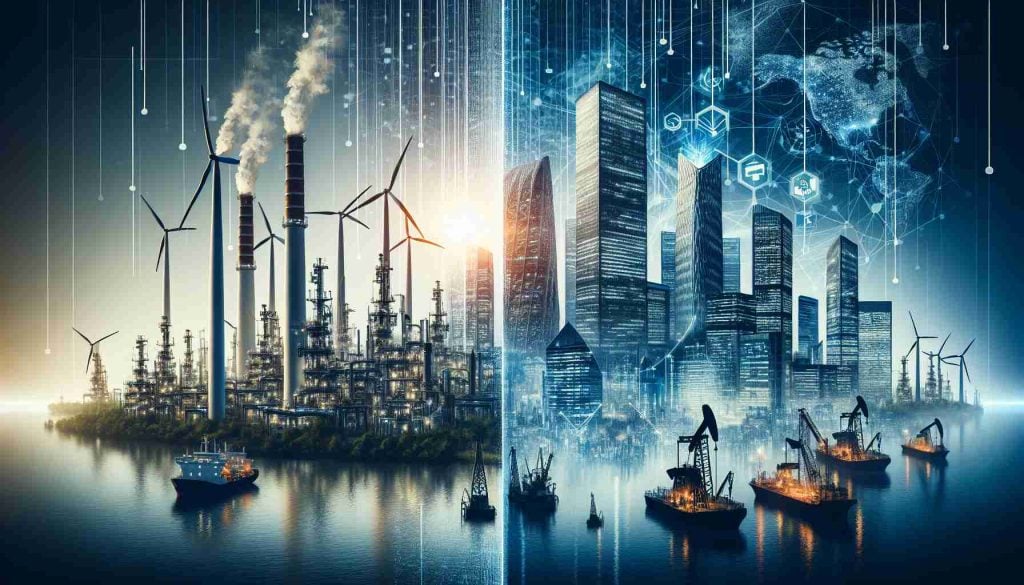 Create an ultra-high-definition, realistic image representing the future of banking. Please depict two competing visions: on one side, show industrial energy production, with wind turbines, solar panels, and oil rigs; on the other, portray towering skyscrapers symbolizing financial institutions, with intricate architectural designs showcasing power and complexity. Between them, please show a network of digital connections, symbolizing transaction pathways, suggesting an increasing interconnectivity between the two sectors.