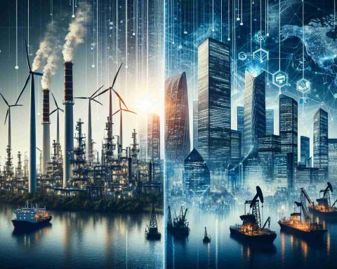 Create an ultra-high-definition, realistic image representing the future of banking. Please depict two competing visions: on one side, show industrial energy production, with wind turbines, solar panels, and oil rigs; on the other, portray towering skyscrapers symbolizing financial institutions, with intricate architectural designs showcasing power and complexity. Between them, please show a network of digital connections, symbolizing transaction pathways, suggesting an increasing interconnectivity between the two sectors.