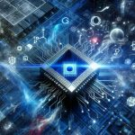 Generate a hyper-realistic, high-definition image that symbolizes a metaphorical bold move in the technology realm influenced by quantum computing. The image should also incorporate symbols or visuals hinting at new emerging market trends.