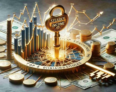 A realistic, high-definition image representing the concept of unlocking steady income with top dividend stocks. This could be depicted as a golden key with the words 'steady income' engraved on it, being inserted into a lock which forms part of a intricate graph of soaring stocks. Bills and coins could also be scattered around to symbolize wealth and income.