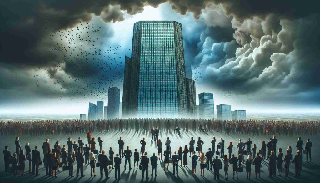 Generate a detailed representation of the concept 'energy company on the brink'. There's uncertainty in the air. Various stakeholders of the company, possibly including business executives, investors, and employees, are visibly anxious. The company's logo is prominently displayed on a looming skyscraper under gloomy clouds, suggesting potential trouble. On the ground, a crowd of diverse individuals representing the stakeholders are huddled together in anxious discussion.