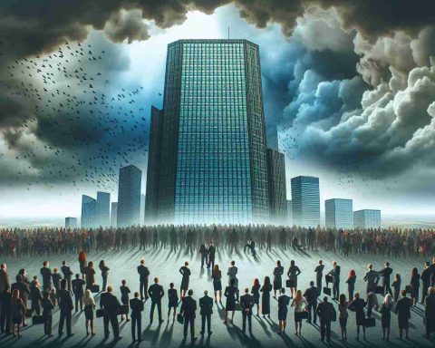 Generate a detailed representation of the concept 'energy company on the brink'. There's uncertainty in the air. Various stakeholders of the company, possibly including business executives, investors, and employees, are visibly anxious. The company's logo is prominently displayed on a looming skyscraper under gloomy clouds, suggesting potential trouble. On the ground, a crowd of diverse individuals representing the stakeholders are huddled together in anxious discussion.