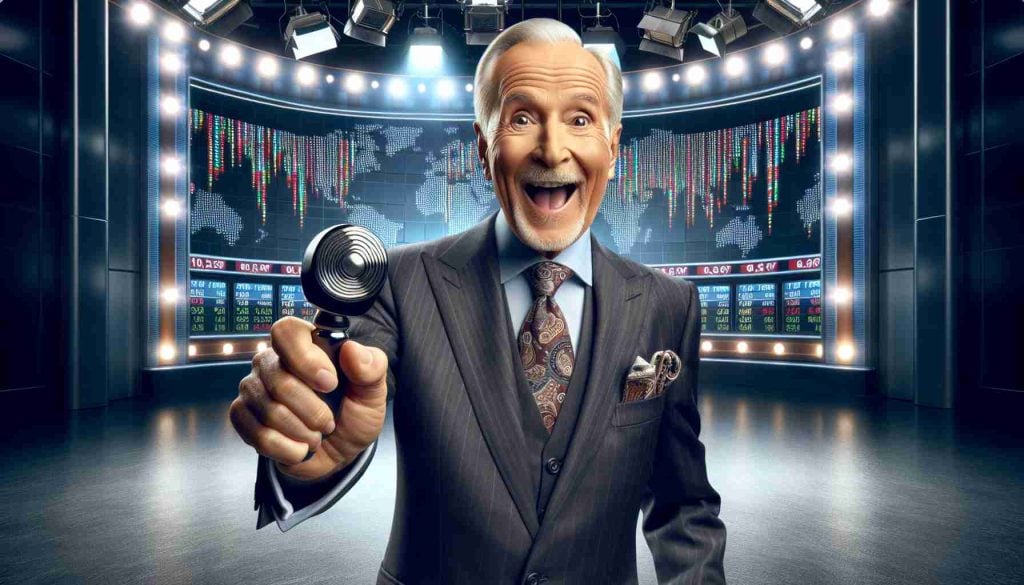 Realistic high-definition image of a fictional finance TV show, 'Lightning Round Madness', featuring an energetic host sparking stock market conversations. The host is an expressive older gentleman wearing a business suit, with a button-down shirt, tie, cufflinks, and a pocket-square accessory. In his hand is a clicker, which cues up colorful stock market graphics around him. The environment resembles a typical TV set, with stage lights, cameras, and varied equipment. The backdrop features a large screen showcasing hanging stock market tickers.