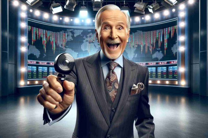 Realistic high-definition image of a fictional finance TV show, 'Lightning Round Madness', featuring an energetic host sparking stock market conversations. The host is an expressive older gentleman wearing a business suit, with a button-down shirt, tie, cufflinks, and a pocket-square accessory. In his hand is a clicker, which cues up colorful stock market graphics around him. The environment resembles a typical TV set, with stage lights, cameras, and varied equipment. The backdrop features a large screen showcasing hanging stock market tickers.