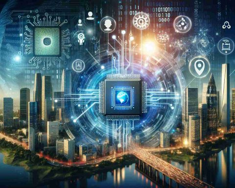 Create a high-definition image representing the future of tech investment, featuring symbolic representations of innovative companies, using elements such as microchips, binary code, AI elements, and futuristic city skylines focusing on technology