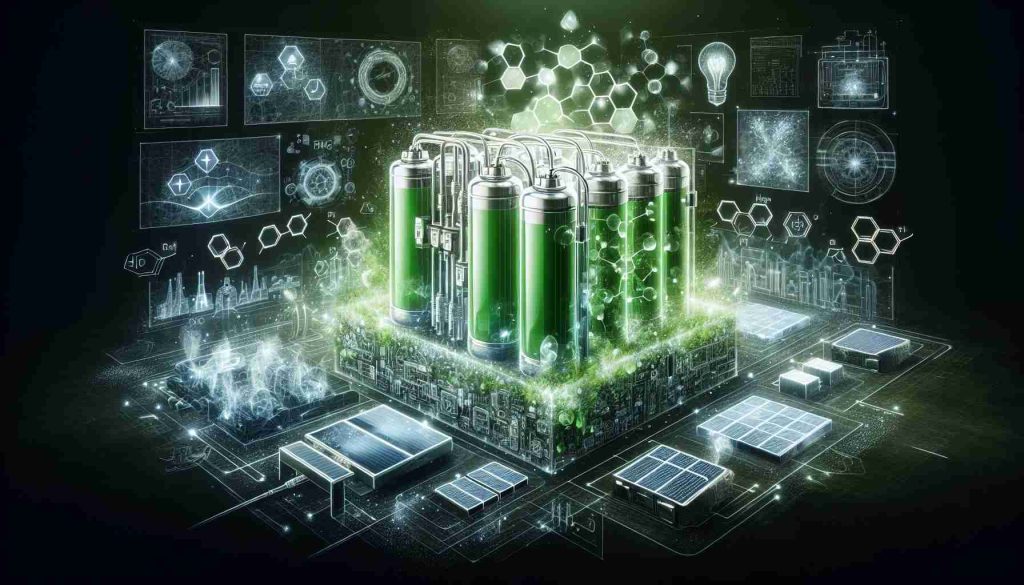 Illustrate a realistic high-definition image representing the concept of Green Energy Revolution with a major focus on hydrogen fuel cells. Portray the silent but powerful emergence of this technology, indicating its potential to become a future leader in clean energy solutions. Provide elements like fuel cells, diagrams or symbols associated with hydrogen, and the color green to represent sustainability.