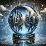 Create a realistic high-definition image of an abstract concept represented by a shiny crystal ball with a tech-themed cityscape reflected on its surface. This tech cityscape should include skyscrapers that resemble circuit boards and wires, roads that look like circuits, and digital clouds passing overhead. The image has the title 'Your Next Big Tech Bet? Discover This' displayed in bold, futuristic letters at the bottom.