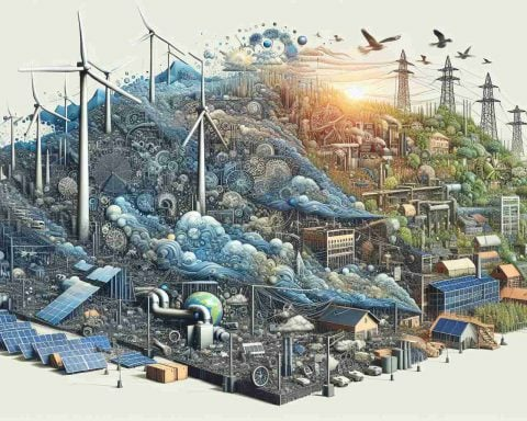 Generate a high-definition, realistic image that represents the silent challenges faced by renewable energy. It should depict a complex tableau, where various elements of the green energy industry - solar panels, wind turbines, etc. - are intertwined with obstacles that they face, such as infrastructure problems, financial difficulties, or public perception. This image should unfold the dilemmas of green energy in a visual form.