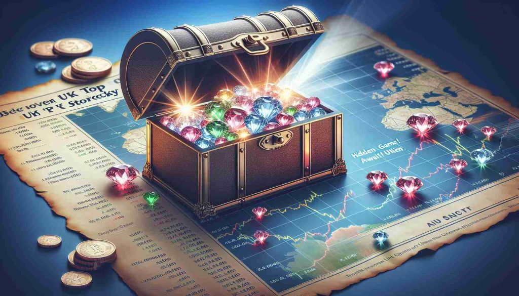 Create a realistic, high-definition representation of 'Hidden Gems Await! Discover Top UK Penny Stocks Today'. It can include visuals like a treasure chest revealing glistening gems, which symbolize the penny stocks. Add in the backdrop of a maps highlighting the UK, and place in few financial charts displaying a positive trend in these stocks, thereby representing the potential of these investments. Please keep it elegant and clear, suitable for financial publications.