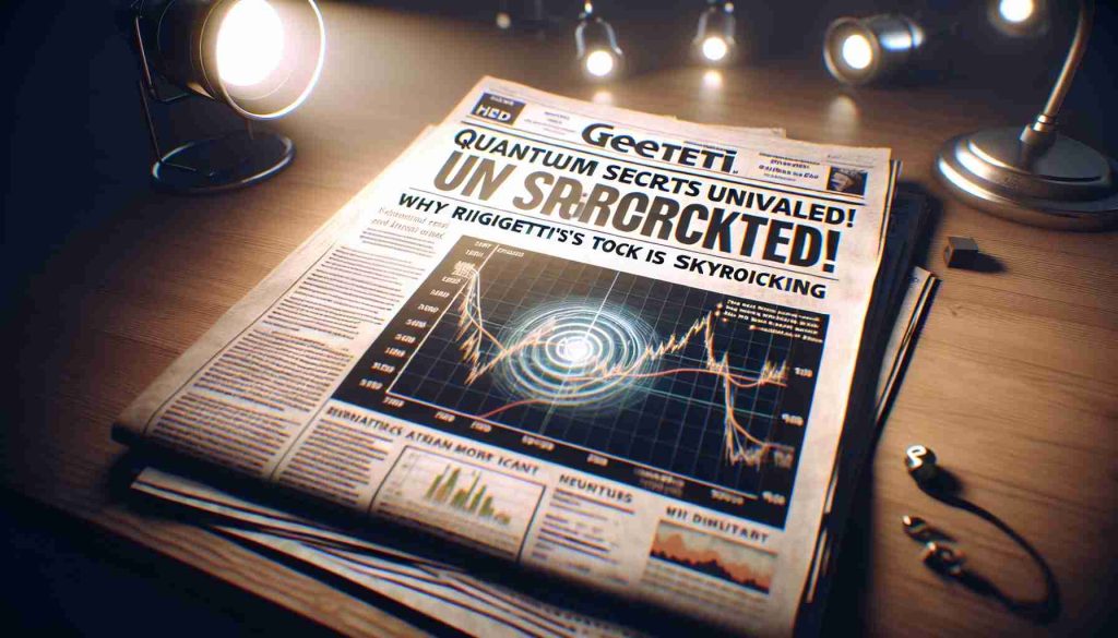 Generate a realistic HD image of a newspaper front page. The key headline reads 'Quantum Secrets Unveiled! Why Rigetti's Stock is Skyrocketing'. The paper displays financial market graphs, demonstrating the rapid rise of Rigetti's stock. Spotlight aesthetics highlight the headline, making it the central focus of the image. In the background, subtly faded, is an abstract representation of a quantum circuit.