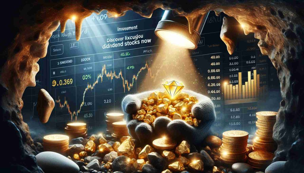 A high-definition, realistic image that depicts the concept of investment in gold mines. This includes scenes of golden nuggets being unearthed, stock price charts indicating growth in dividend stocks, and symbolisms of wealth and profitability. To portray the theme 'Discover Lucrative Dividend Stocks Now', show a spotlight shining on a stock market report or a glowing jewel within a pile of rocks.