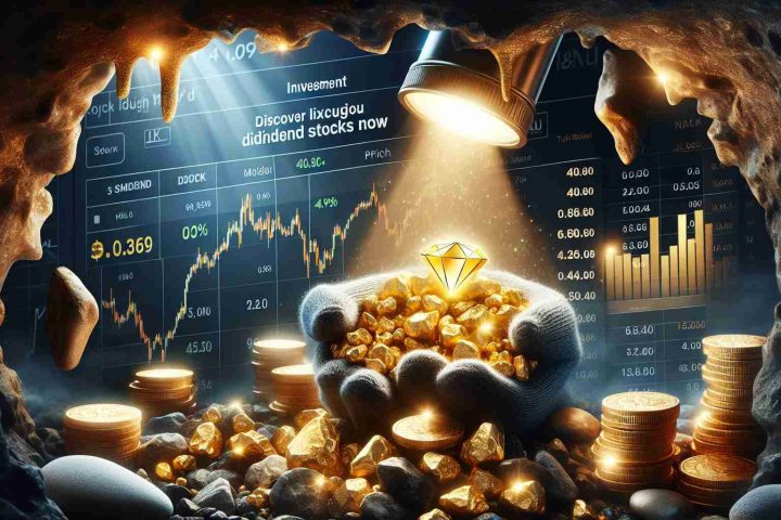 A high-definition, realistic image that depicts the concept of investment in gold mines. This includes scenes of golden nuggets being unearthed, stock price charts indicating growth in dividend stocks, and symbolisms of wealth and profitability. To portray the theme 'Discover Lucrative Dividend Stocks Now', show a spotlight shining on a stock market report or a glowing jewel within a pile of rocks.