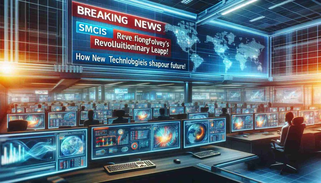 Detailed and realistic high definition image of a news headline reading 'Breaking News: SMCI’s Revolutionary Leap! How New Technologies Are Shaping Our Future'. The scene is set in a busy newsroom, with multiple computers displaying graphics and data charts, providing a glimpse into the transformative power of advancing technologies.