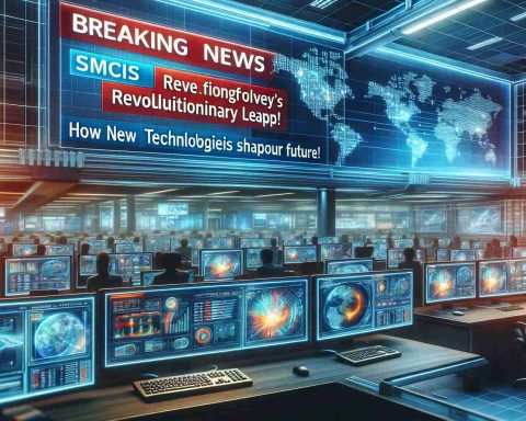 Detailed and realistic high definition image of a news headline reading 'Breaking News: SMCI’s Revolutionary Leap! How New Technologies Are Shaping Our Future'. The scene is set in a busy newsroom, with multiple computers displaying graphics and data charts, providing a glimpse into the transformative power of advancing technologies.