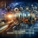 A realistic, high-definition illustration conveying the concept 'A New Era Ahead: Discover the Tech Driving Its Future.' The image should feature symbols reflecting innovation and the future, such as gears, circuit boards, and futuristic city skylines. Make sure to also incorporate a motif indicating progress and forward movement. Please translate these abstract concepts into a meaningful, visually appealing image.