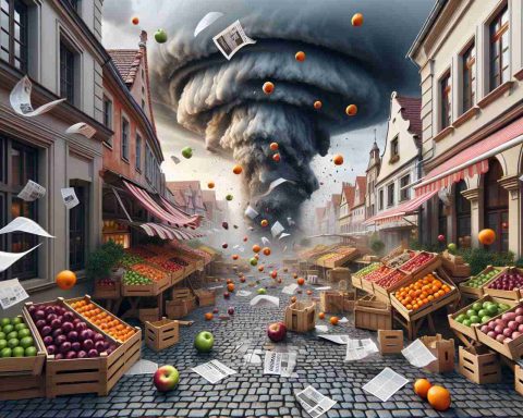 Portray a realistic, high-definition representation of a metaphorical concept to depict 'Surprising Market Moves'. Illustrate a sudden storm shaking a traditional fruit market in a cobblestone town in Europe, with apples, oranges, and boxes scattering in the air. The architecture of the buildings should reflect typical European styles. Include newspaper clippings blowing in the wind to symbolize news about the stock market. The dynamic nature of the storm, contrasted with stunned market visitors who are diverse in gender and descent, will signify 'what's shaking up European stocks today'.