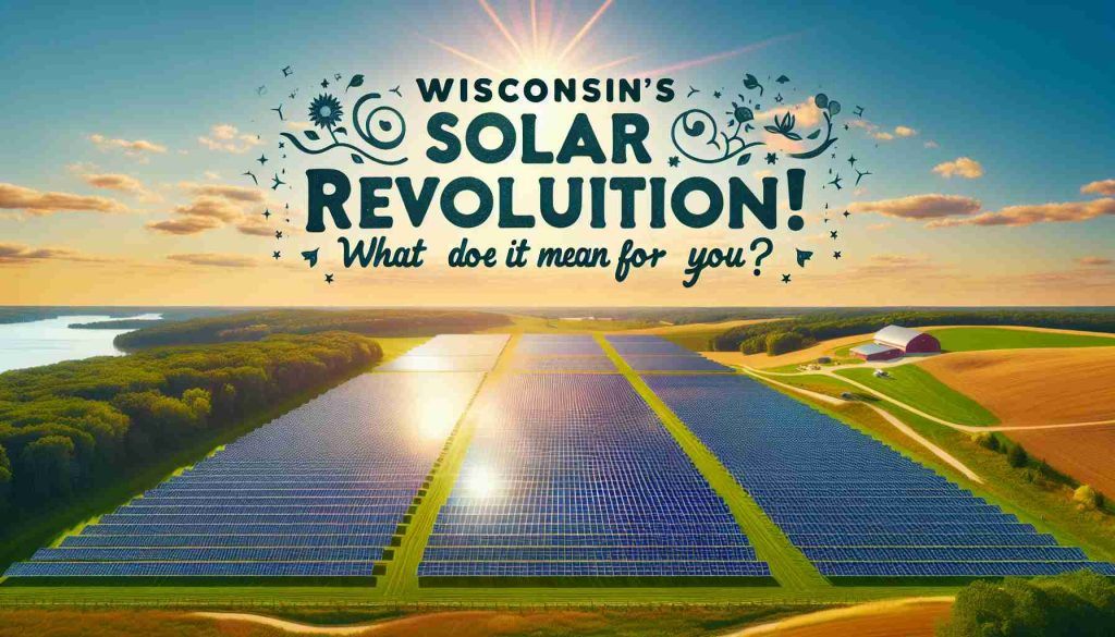 Create a highly detailed image that captures the solar revolution in Wisconsin. Display a vast field filled with gleaming solar panels soaking up the bright sunlight, set against the beautiful Wisconsin farmland backdrop with gentle rolling hills and green pastures. Integrate the text 'Wisconsin’s Solar Revolution! What Does It Mean for You?' in a creative font, suggesting the potential changes and impacts of solar energy for the inhabitants of Wisconsin.