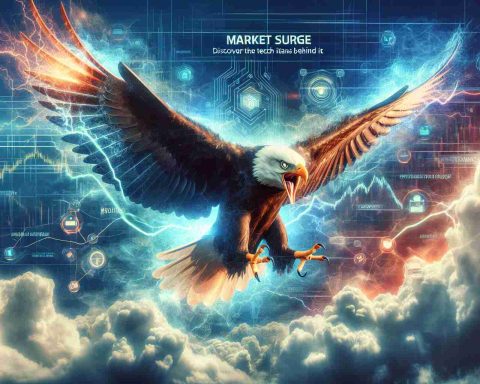 Generate a realistic HD illustration showcasing a metaphorical representation of the concept of a soaring U.S. stock market. The image should feature a ferocious eagle (symbolizing the U.S stocks) flying high above the clouds. Also represent the concept of technology's influential role with symbolic imageries like microchips, robots, and digital networks in the background. Do not include real people or specific companies. Include a text overlay that reads 'Market Surge: Discover the Tech Titans Behind It'.