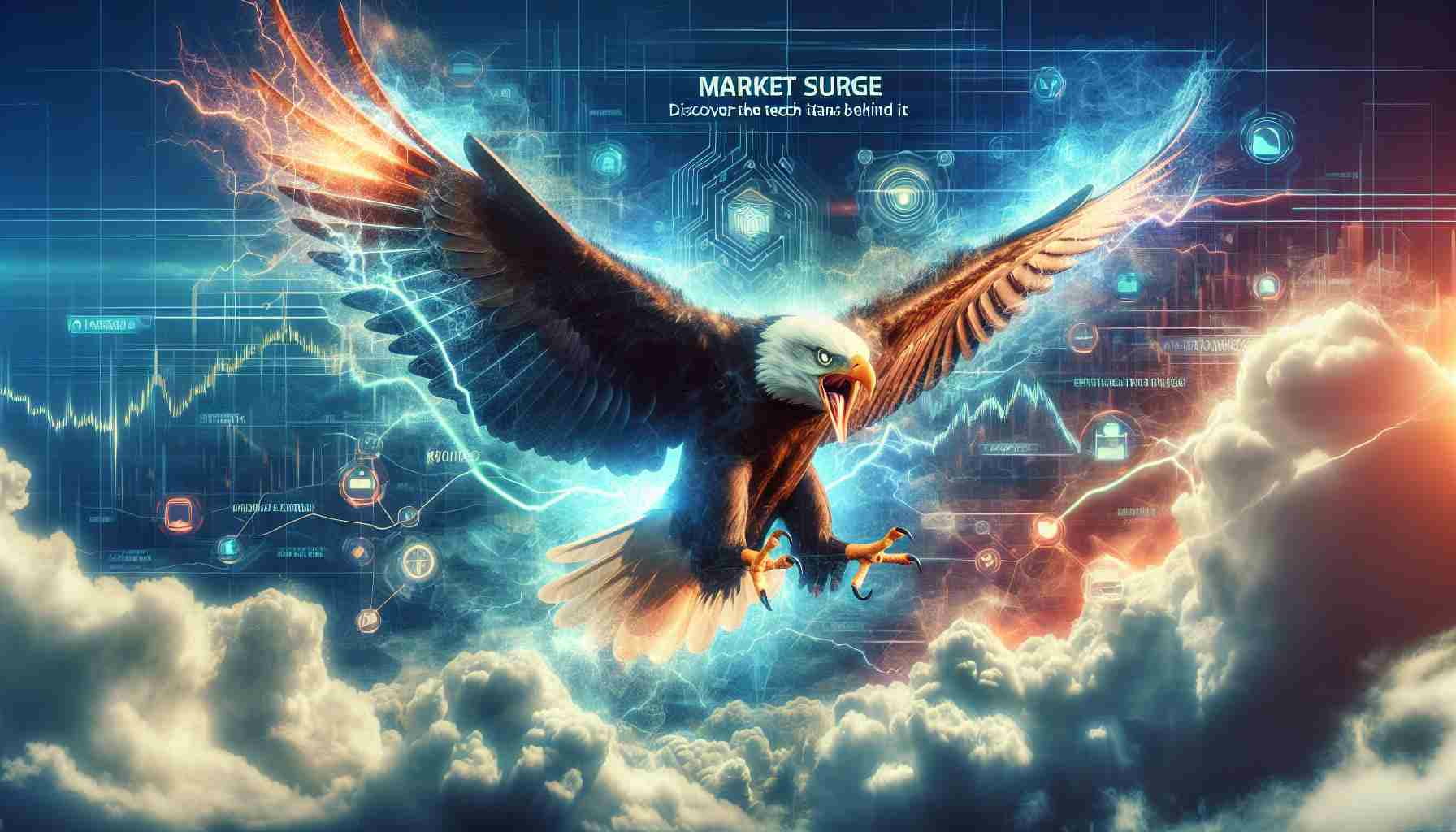 Generate a realistic HD illustration showcasing a metaphorical representation of the concept of a soaring U.S. stock market. The image should feature a ferocious eagle (symbolizing the U.S stocks) flying high above the clouds. Also represent the concept of technology's influential role with symbolic imageries like microchips, robots, and digital networks in the background. Do not include real people or specific companies. Include a text overlay that reads 'Market Surge: Discover the Tech Titans Behind It'.