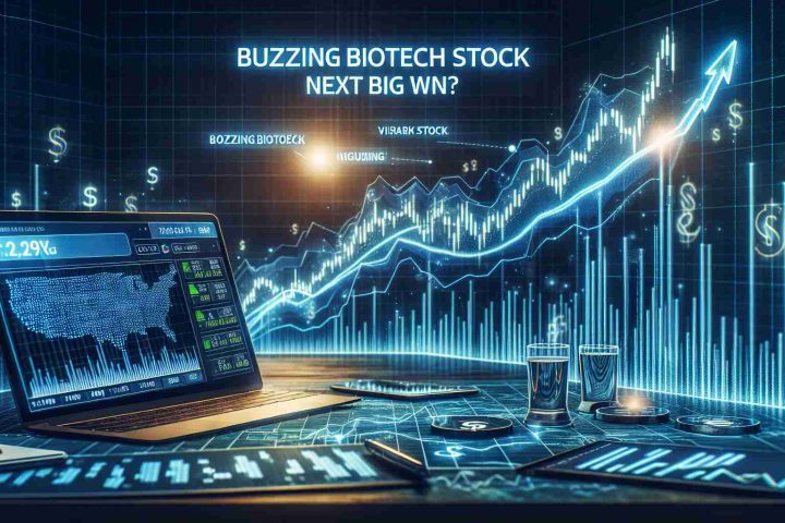 Create a realistic, high-definition image that reflects the excitment around a promising biotech stock. Visualize this as a digital stock market chart where the graph line is drastically trending upwards, symbolizing an uptick in its value. Graphics or texts such as 'Buzzing Biotech Stock - Next Big Win?' could accompany this scene to emphasize the potential victory for investors. Remember to not feature any specific real-world company or individual.