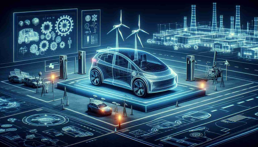 Generate a realistic, high-definition image representing the next move of an innovative electric vehicle company, hinting at future developments and progression. Please visualise secret factors shaping its future, it could include research and development labs, blueprint of an advanced electric vehicle, possibly futuristic charging stations or representations of renewable energy sources.