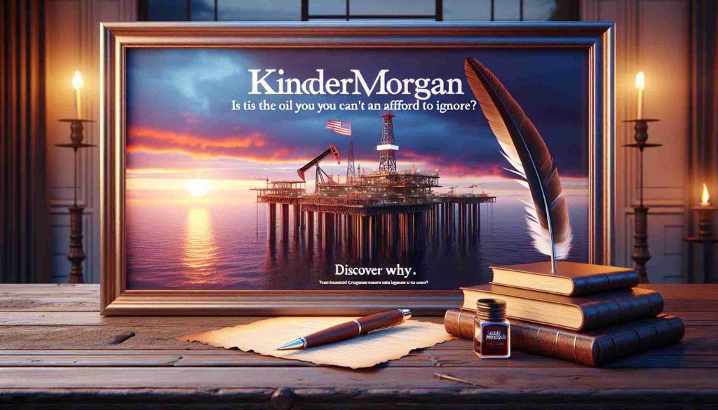 A detailed, high-definition realistic rendering of an oil drilling platform with Kinder Morgan's logo. The sky in the backdrop is a dramatic blend of oranges and purples suggesting a remarkable sunrise or sunset. In the foreground, there's a framed message standing on an old wooden table: 'Is this the Oil Stock You Can't Afford to Ignore? Discover Why Now.' A classic feather quill and an inkwell sit besides the frame, emphasizing the investigative curiosity in story.