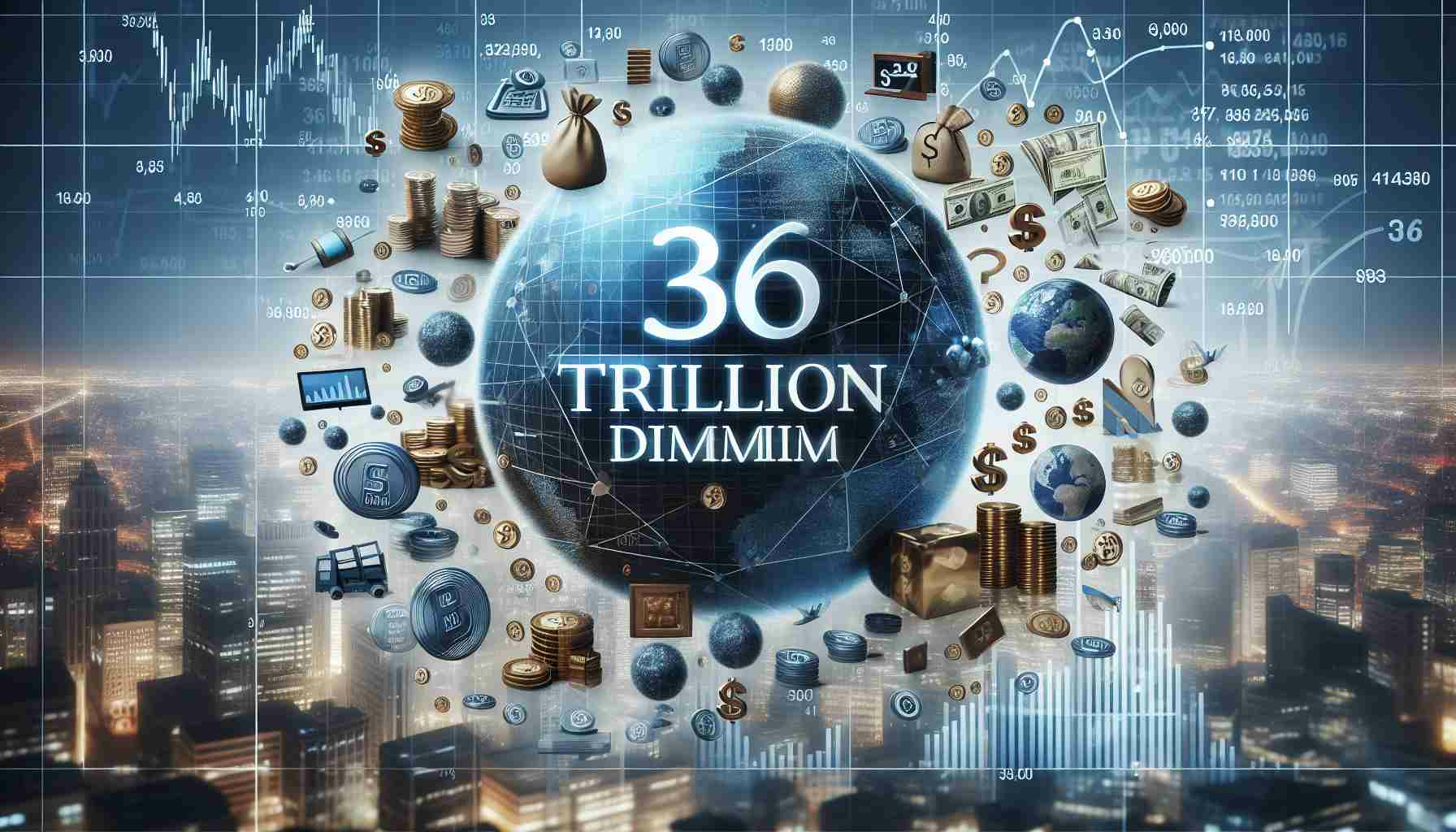 An image depicting the conceptual representation of a '36 Trillion Dilemma'. It includes a graphical representation of 36 trillion in numerical form, surrounded with different kinds of investment icons like stocks, bonds, gold, real estate, and currencies. All against a background suggestive of a financial landscape, perhaps a city skyline or stock market graphs. The image should be in high resolution and realistic style.