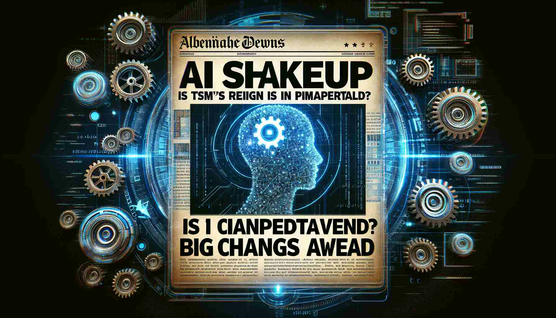 Generate a high-definition, realistic image of the headline 'AI Shakeup: Is TSM's Reign in Jeopardy? Big Changes Ahead' with a background suggesting change and innovation in technology. The image requires a sensation of unpredictability and excitement. The background could include elements like gears, codes, or futuristic graphics.