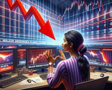 Render a realistic high-definition image representing a major shock in the stock market. The scene could include a dramatic downward arrow over computer screens displaying financial charts, with red numbers dominating the screens. An expression of surprise or concern on a South Asian female market analyst's face as she watches the unfolding crisis could capture the human impact. Also, include a ticker tape across the bottom of the image with the text 'Major Indices Plunge Today!' to emphasize the news.