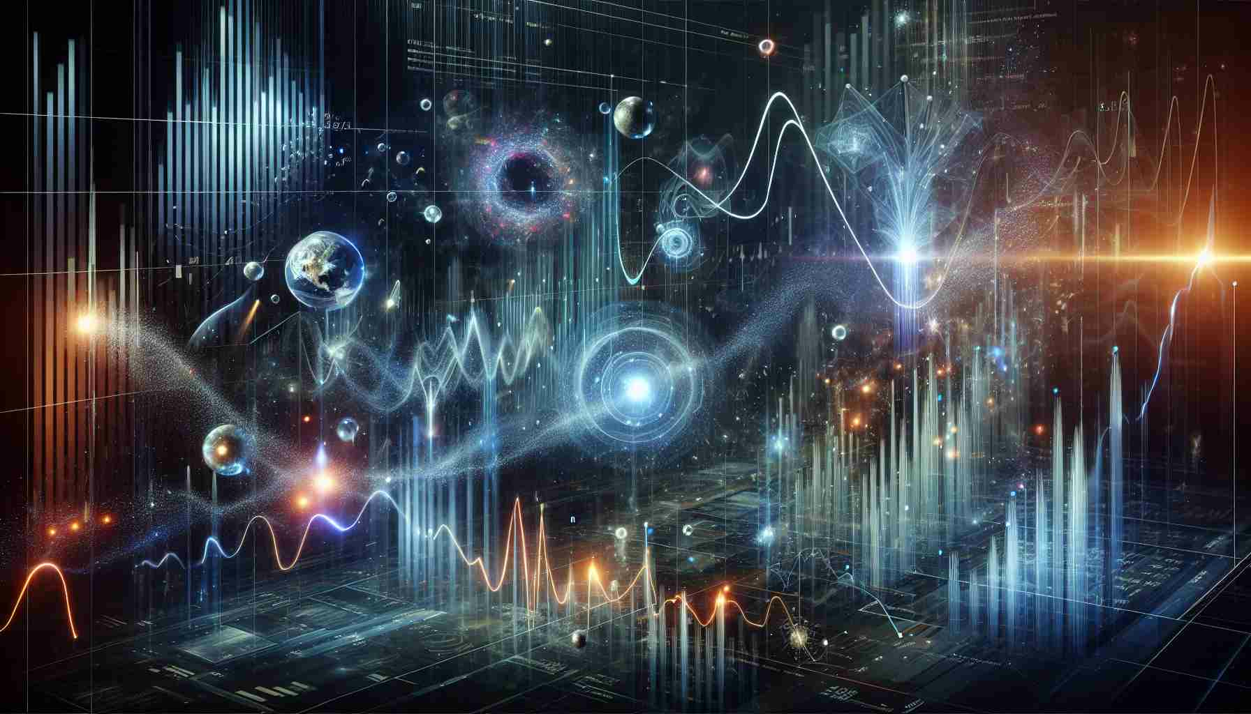 Create a high-definition, realistic image representing the scene of a dramatic event unfolding within the realm of quantum physics, metaphorically analogous to a stock market shakeup. The scene includes dynamic indicators of economic charts showing volatile movements, caused by some bold futuristic predictions. Elements of quantum physics such as particles, waves, and mysterious energy fields are subtly incorporated. The mood of the scene is tense and anticipatory. No person is portrayed, focus remains on the abstract representation of the situation.