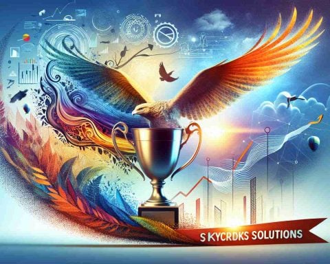 Generate a vibrant, high-definition image that captures the concept of a business called 'Skyworks Solutions' rising to prominence. Included should be metaphorical elements such as a concealed trophy alluding to the hidden potential, a soaring bird representing growth and success, and a bright, clear sky as a backdrop. The company name 'Skyworks Solutions' should be stylishly written in the foreground.