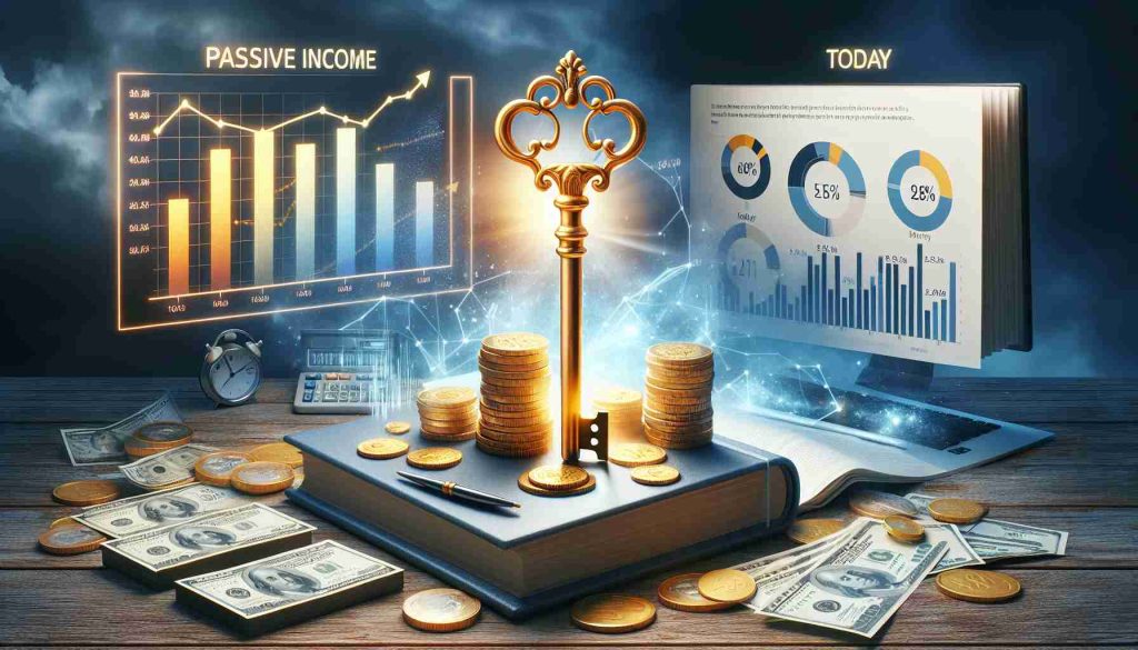 A high-definition, realistic image representative of wealth creation through passive income sources. The scene showcases a golden key symbolising 'unlocking', which is situated on top of stacked coins and currency notes, indicating wealth. Besides, a book, perhaps titled 'Passive Income', shows strategies for earning income passively. On a digital screen behind, charts and graphs are displaying positive growth, underlying the success of these strategies. A balance of day and night within the image can represent the 'today' aspect, illustrating that passive income can be earned around the clock.