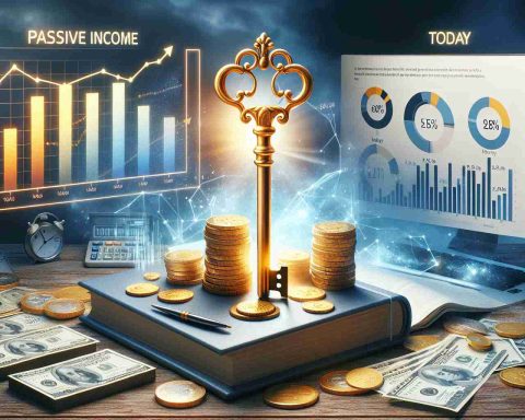 A high-definition, realistic image representative of wealth creation through passive income sources. The scene showcases a golden key symbolising 'unlocking', which is situated on top of stacked coins and currency notes, indicating wealth. Besides, a book, perhaps titled 'Passive Income', shows strategies for earning income passively. On a digital screen behind, charts and graphs are displaying positive growth, underlying the success of these strategies. A balance of day and night within the image can represent the 'today' aspect, illustrating that passive income can be earned around the clock.