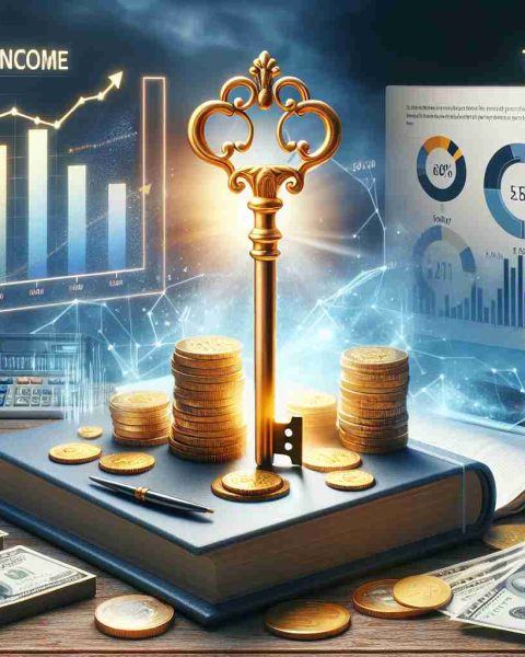 A high-definition, realistic image representative of wealth creation through passive income sources. The scene showcases a golden key symbolising 'unlocking', which is situated on top of stacked coins and currency notes, indicating wealth. Besides, a book, perhaps titled 'Passive Income', shows strategies for earning income passively. On a digital screen behind, charts and graphs are displaying positive growth, underlying the success of these strategies. A balance of day and night within the image can represent the 'today' aspect, illustrating that passive income can be earned around the clock.