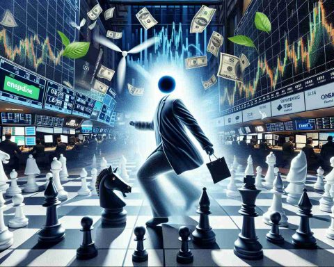 Generate a realistic HD image that represents the metaphor of a surprise shift in the energy market. Depict it using visual elements such as a wall street trading floor abuzz with activity, a stock chart with an unexpected spike and symbols of renewable energy sources like wind turbines and solar panels. Also include a representation of a faceless major power player in the form of a chess piece making its next move on a chessboard.