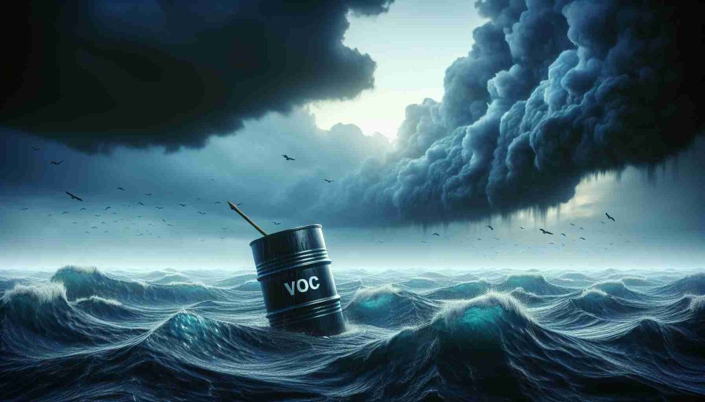 Create a dramatic and high-definition representation of the concept 'The Future of Oil Dividends'. Imagine a scene where an anthropomorphized oil barrel is navigating a tumultuous sea, which symbolizes market volatility. The oil barrel should look resolved and steady, symbolizing VOC Energy Trust's potential defiance against the odds. The horizon should depict an ambiguous future, keeping the viewer wondering about what's to come. Tones of blue, grey, and black prevalent, to lend the image an ominous, economically charged atmosphere.