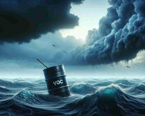 Create a dramatic and high-definition representation of the concept 'The Future of Oil Dividends'. Imagine a scene where an anthropomorphized oil barrel is navigating a tumultuous sea, which symbolizes market volatility. The oil barrel should look resolved and steady, symbolizing VOC Energy Trust's potential defiance against the odds. The horizon should depict an ambiguous future, keeping the viewer wondering about what's to come. Tones of blue, grey, and black prevalent, to lend the image an ominous, economically charged atmosphere.