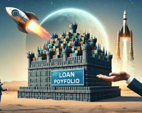 Generate a highly detailed and realistic image that represents the metaphorical concept of a financial technology company scaling considerably. Visualize this with a massive fortress-like structure labelled as 'Loan Portfolio' being handed over, symbolizing a sale. In the background, a rocket, representing 'IPO', is being primed for launch, signifying preparation and anticipation. Please use HD realism for this image.