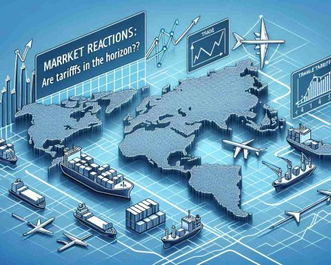 Detailed and high-definition visual representation of the concept 'Market Reactions: Are Tariffs on the Horizon?'. This may include symbols of economy such as line graphs depicting stock market trends, trade deals, a horizon line symbolizing the future, and potential tariffs represented by cargo ships or customs barriers.