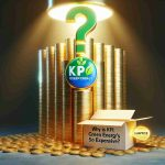 A realistic high definition illustration depicting a symbolic representation of KPI Green Energy's stock being expensive. This could be a towering stack of gold coins, with the logo of KPI Green Energy overlayed on them. The words 'Why Is KPI Green Energy’s Stock So Expensive?' might appear at the top or bottom region of the image. A surprise element could be included, such as a small cardboard box with a question mark on it, half opened and emitting bright light, symbolizing an unexpected reason.