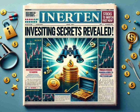 Create an image simulating a newspaper or financial magazine cover titled 'Investing Secrets Revealed!'. It should prominently feature symbols and graphics related to the stock market. For example, there might be a bullish chart, stock tickers trending upwards, a pair of binoculars symbolizing 'watching', and a hidden treasure, representing secrets. Make sure to incorporate a headline that reads 'Stocks to Watch Right Now'. The overall aesthetic should be professional and enticing, hinting at the revelation of profitable investment strategies.